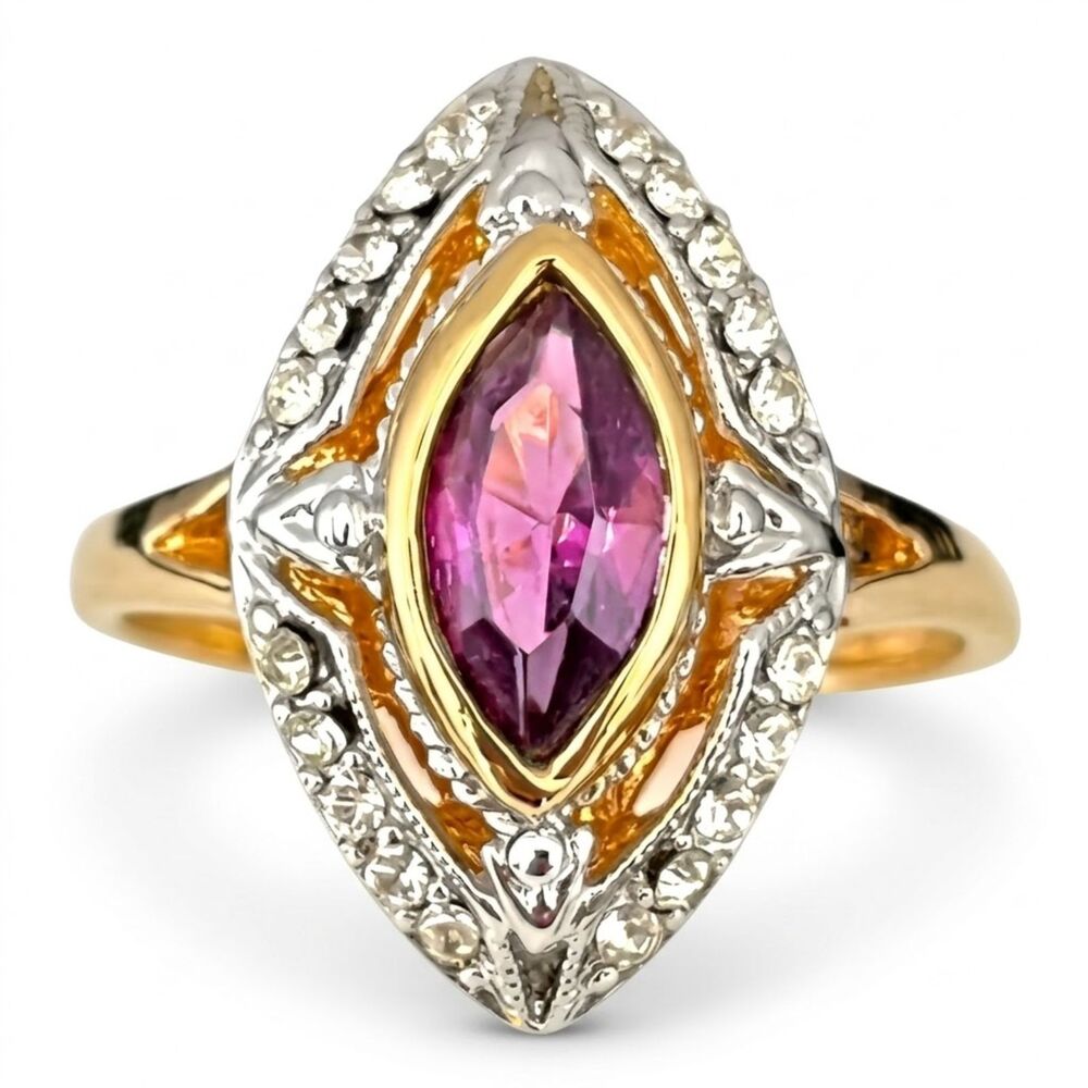 Vintage 1970s Ring Size 4 Art Deco Revival Purple Crystal 18K Gold Plate - 14F